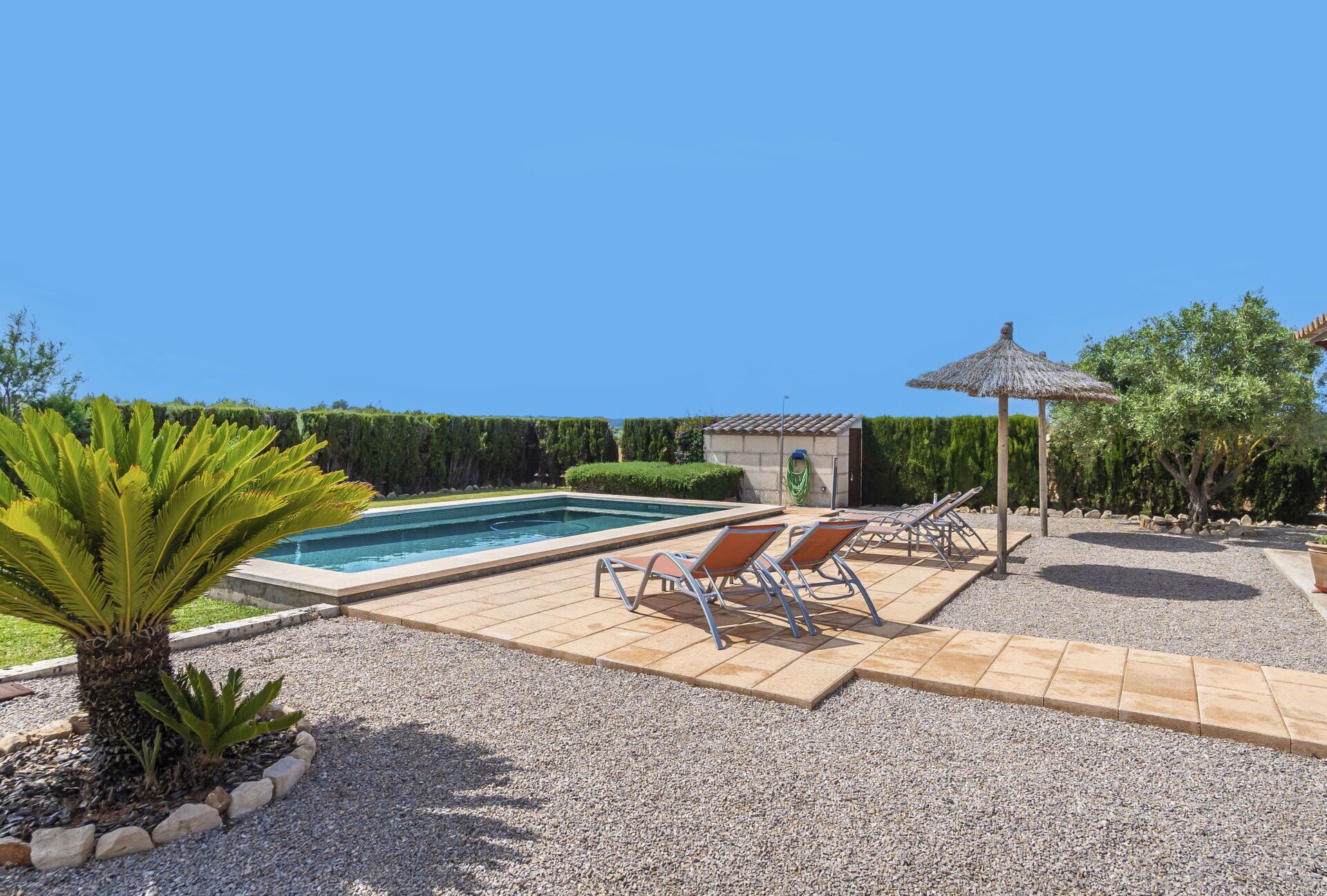 A swimming pool with lounge chairs and a pergola.