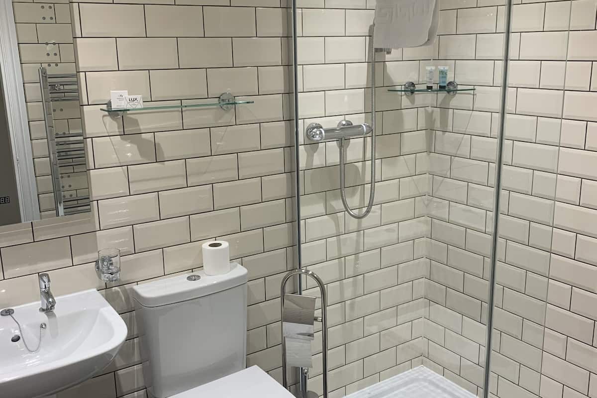 A modern bathroom with a glass-enclosed shower, a white toilet, and a sink with a glass shelf above it.