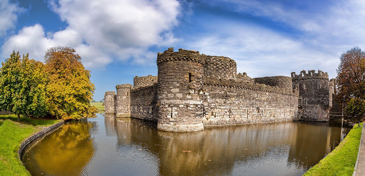 A historic stone castle with a moat, surrounded by trees and a clear sky.