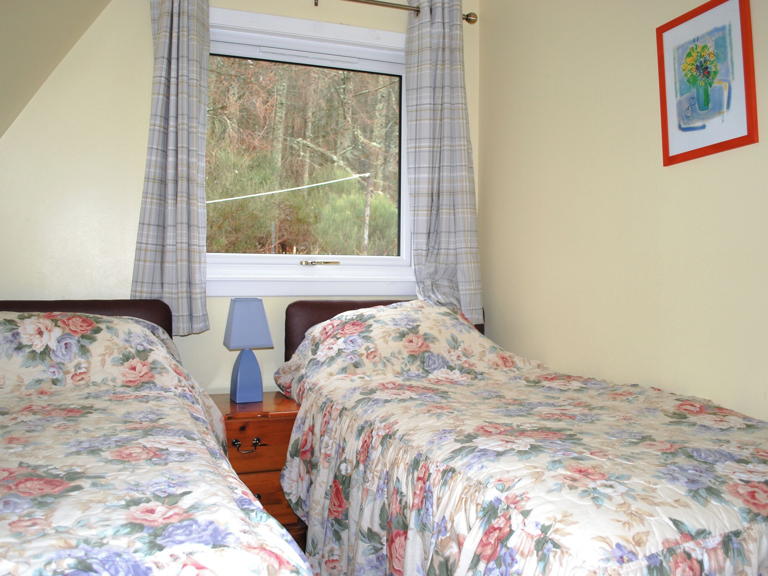 A bedroom with two beds, a window with curtains, a bedside table with a lamp, and a framed picture on the wall.
