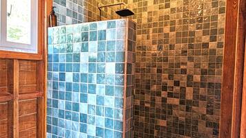 Shower, rainfall showerhead, towels, soap
