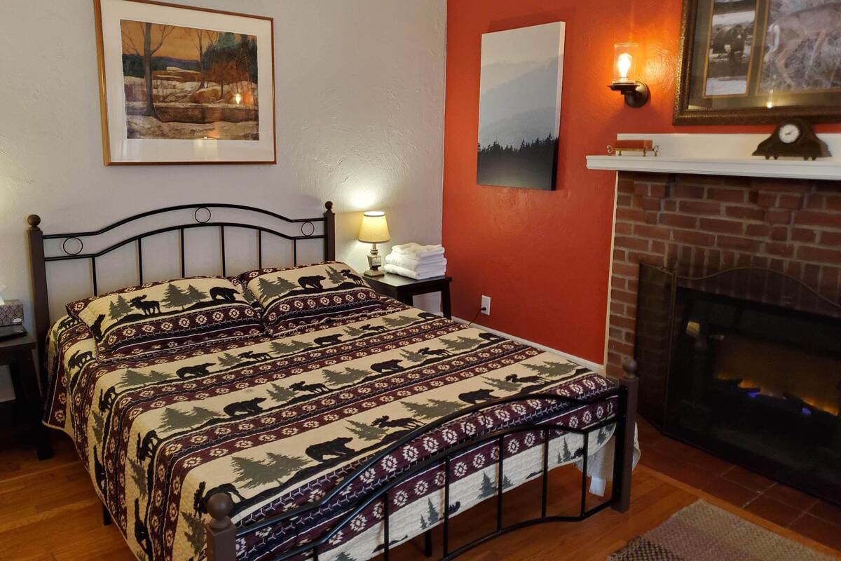 A bedroom with a bed, a fireplace, and a wall with framed pictures.