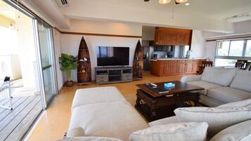 Family Condo, 3 Bedrooms, Accessible, Ocean View | Living area | Flat-screen TV, DVD player