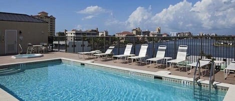 A rooftop pool, a heated pool