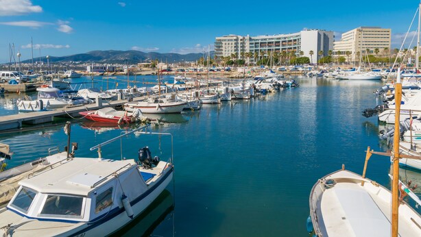 Un port de plaisance où sont amarrés différents types de bateaux, un ciel bleu dégagé et des bâtiments en arrière-plan.