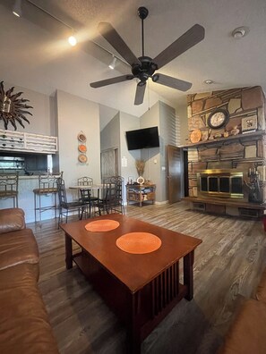 Smart TV, fireplace, DVD player, books