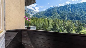 A balcony with a view of a forested valley and mountains. - Grand Roc C314 280m from Slopes, View, Parking & WiFi, Argentière (Chamonix), France (Argentière (Chamonix))