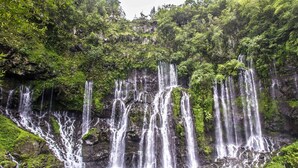A multi-tiered waterfall surrounded by lush greenery.
