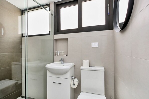 A modern bathroom with a glass shower enclosure, a sink, and a toilet.