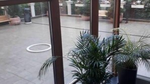 Uitzicht door grote ramen op een binnenplaats met potplanten en een rond zitgedeelte.