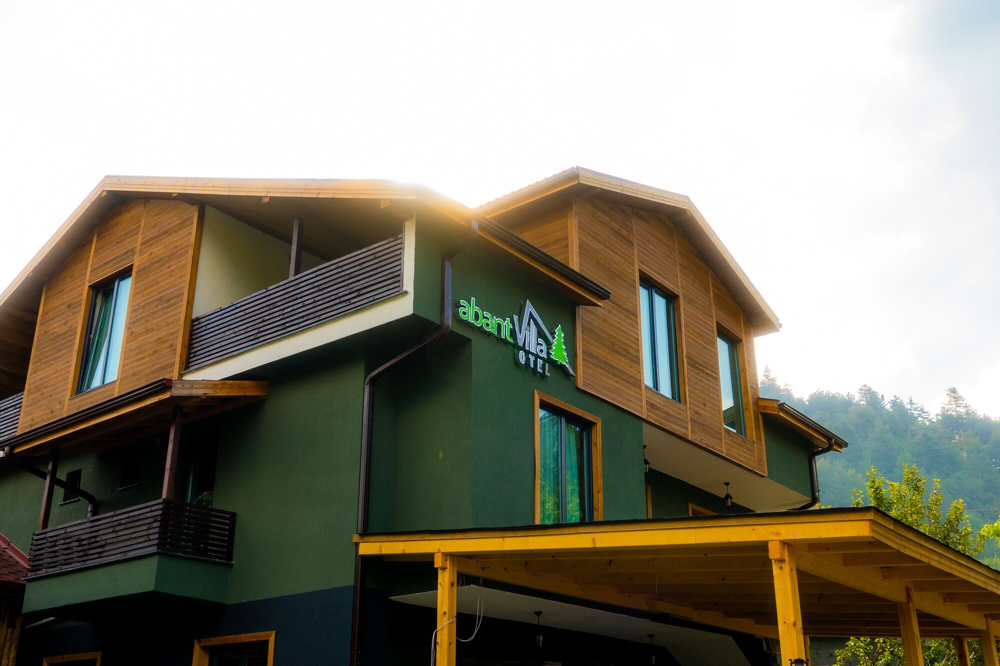 A modern hotel with a green facade, wooden accents, and a sign reading "abant Vila Hotel".