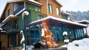 A modern building with a green facade and a sign that reads "abant Villa Hotel". - Abant Villa Otel (Bolu)