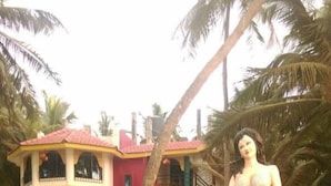 A statue of a mermaid on a circular platform with a building in the background. - Hotel Killa Niwas (Malvan)