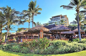 Relax in a tropical paradise surrounded by lush vegetation and palm trees, with dining and lounge areas under thatched roofs.