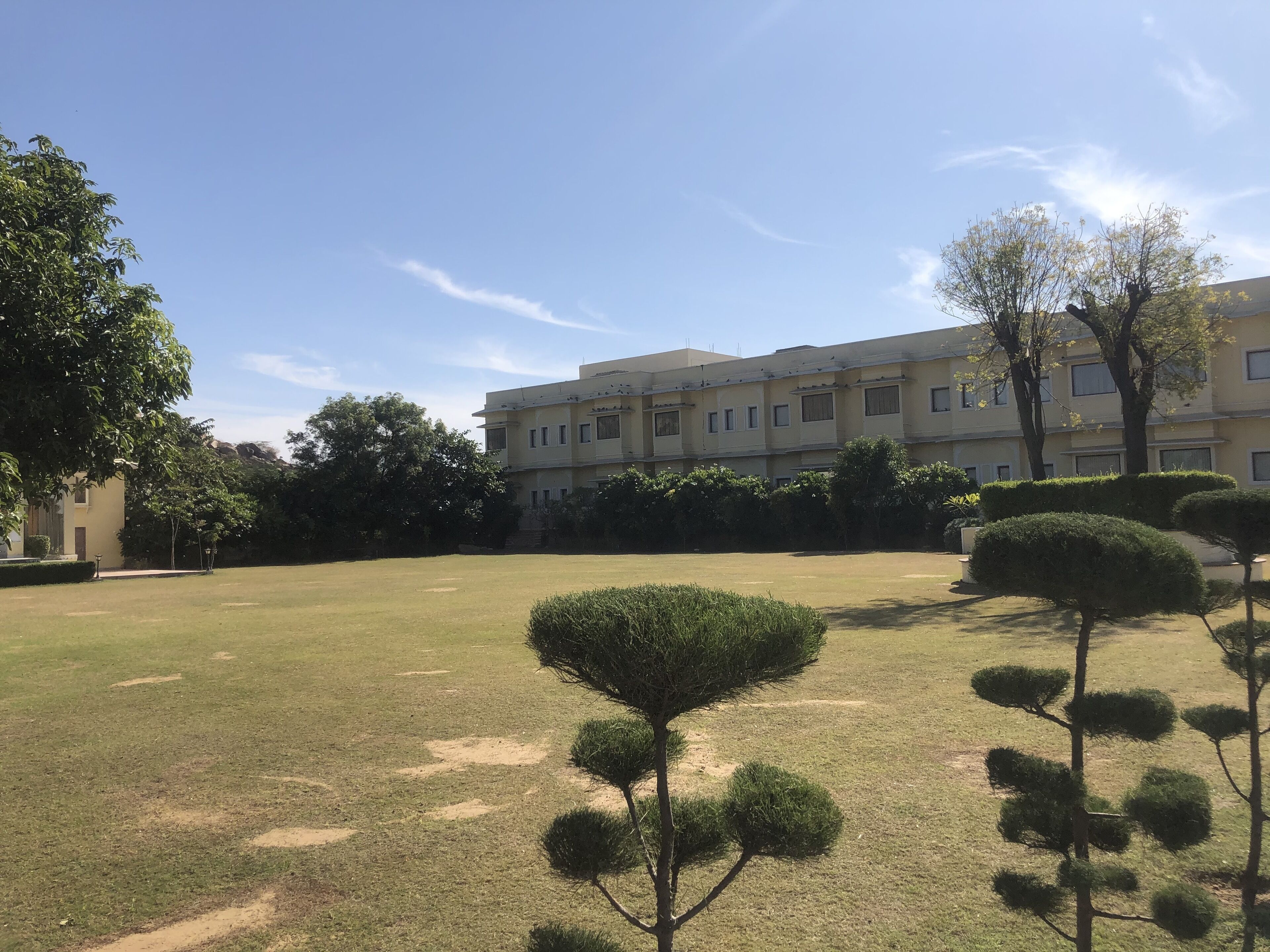 A courtyard with neatly trimmed hedges, a large building with multiple windows, and a clear sky.