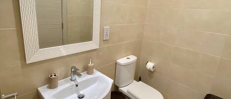 A bathroom with a sink, mirror, toilet, and trash bin.