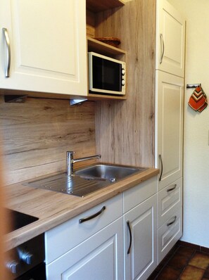 Fridge, microwave, stovetop, dishwasher - Holiday house with large garden, covered terrace, near the beach, (Westerdeichstrich)
