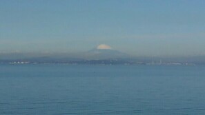 A coastal view with a mountain in the distance, likely a volcano, and a cityscape across the water.