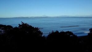 Une vue sur la côte avec une montagne à l’horizon.