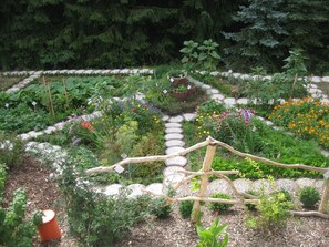 A garden with a stone pathway, various plants, and a wooden trellis. - Schneewittchenhütte- Holzblockbohlen Holiday house with fireplace and sauna in the Vogtland (Mühlental)