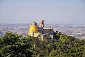 A castle-like structure with a prominent dome and towers, surrounded by greenery and overlooking a cityscape.