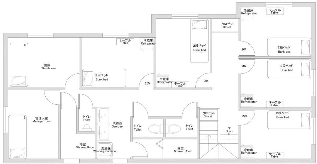 A hotel floor plan with a manager room, multiple bedrooms, a shower room, a kitchen, and a dining area.
