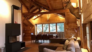 Smart TV, chimenea, reproductor de DVD y videoteca