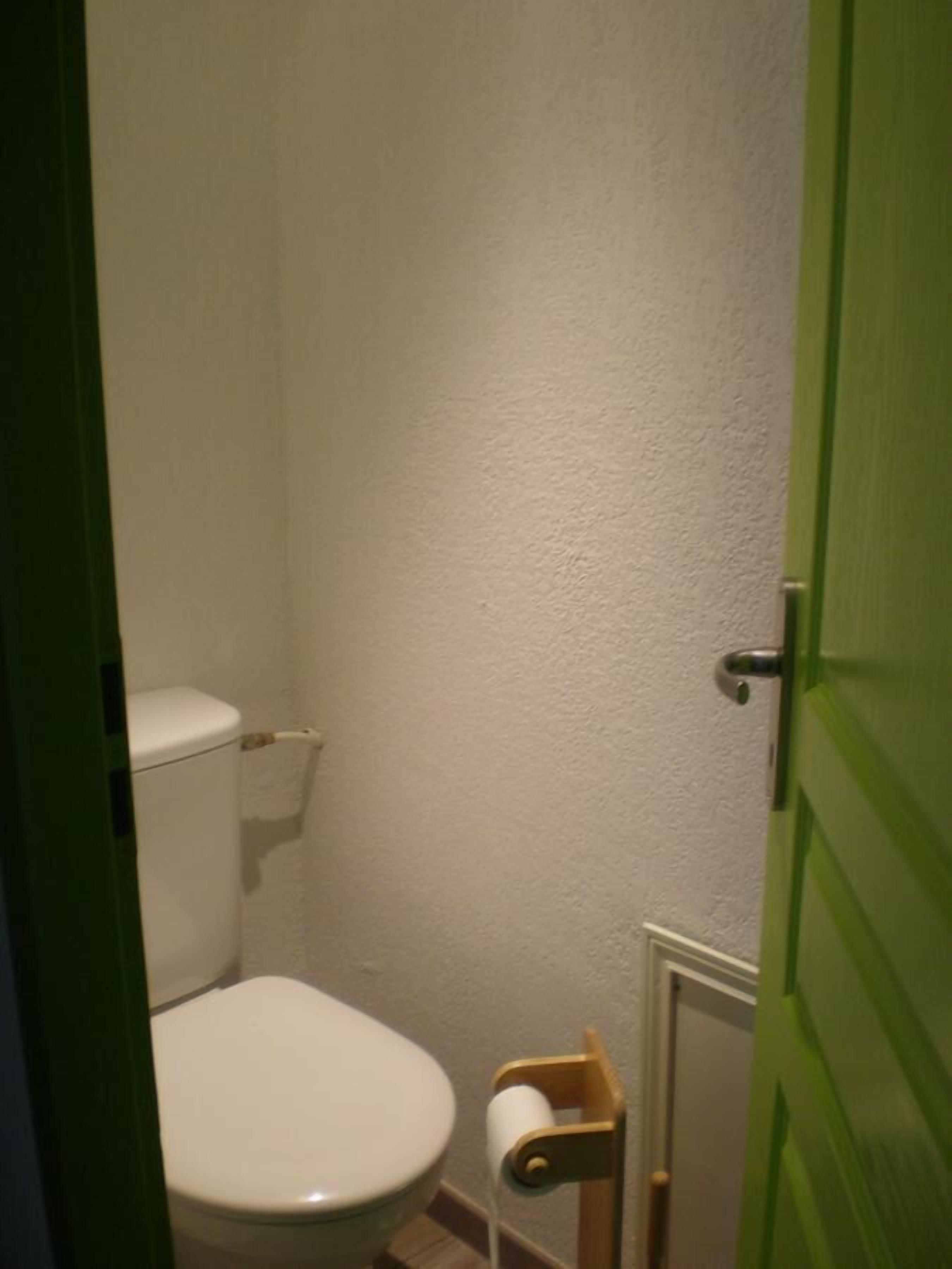 Une petite salle de bain étroite, avec des toilettes blanches, un porte-rouleau en bois et une porte verte.