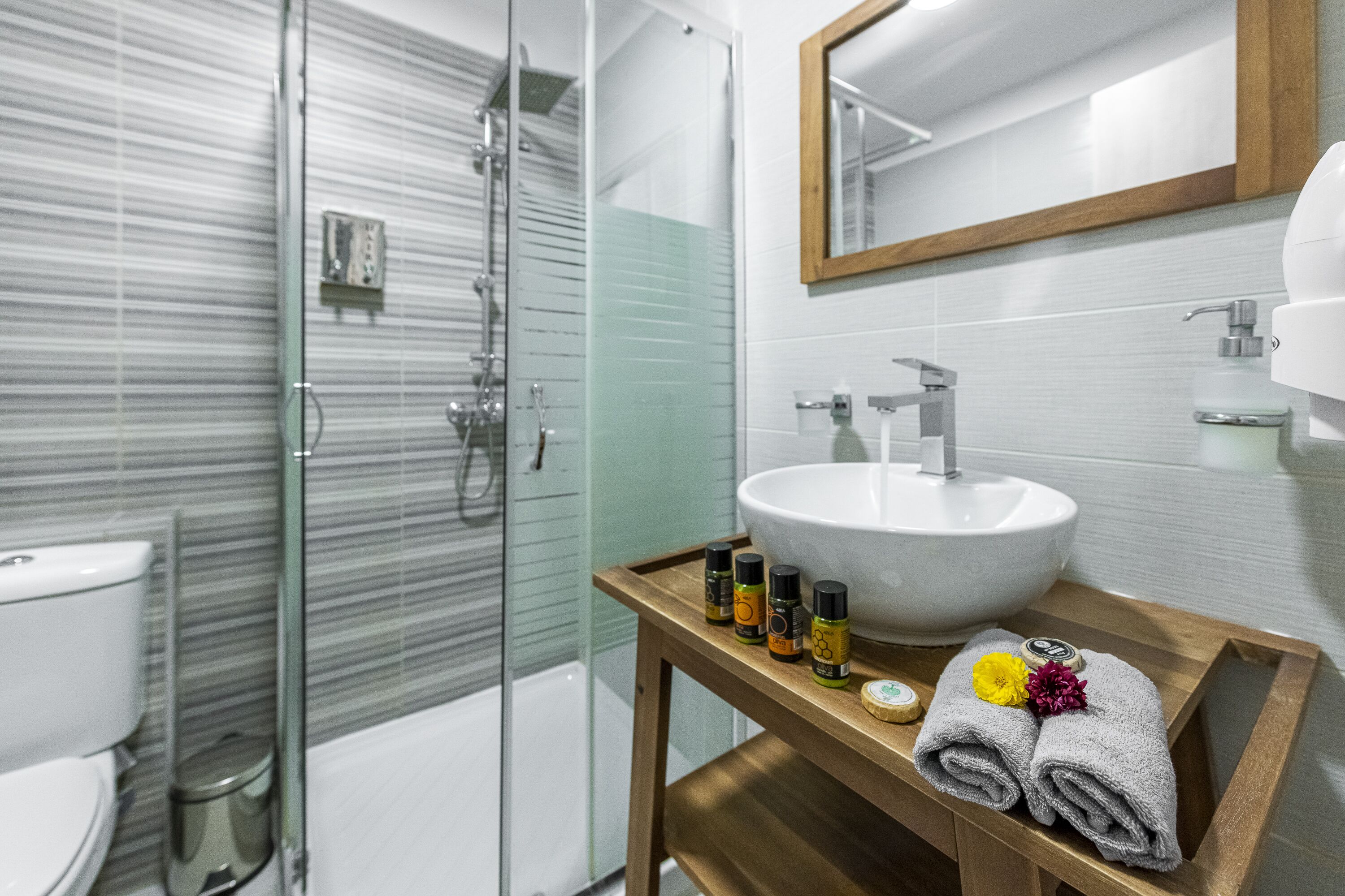 shower, hydromassage showerhead, hair dryer, slippers