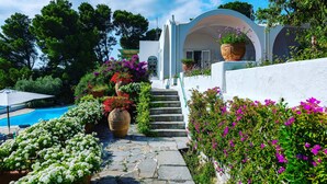 En hvid bygning med en stentrappe, der fører til en buet indgang, omgivet af frodig vegetation og blomstrende planter.