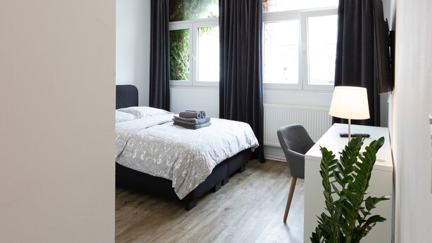 A modern hotel room with a bed, a desk, a chair, a potted plant, and a window with curtains. - Dreams Bielefeld (Bielefeld)
