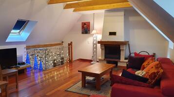 Télévision, cheminée, lecteur de DVD