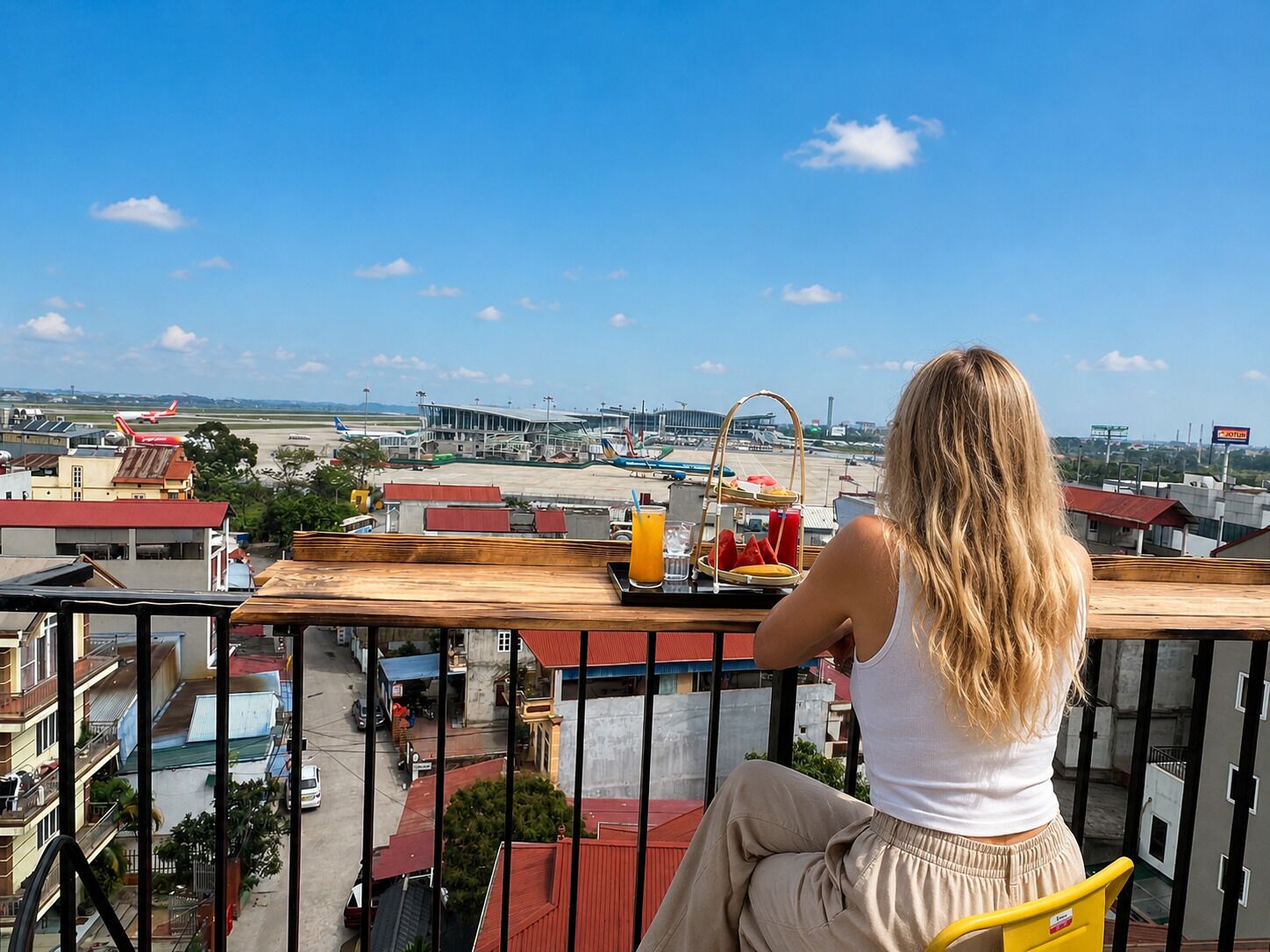 A person sitting on a balcony overlooking an airport with airplanes and buildings in the background.