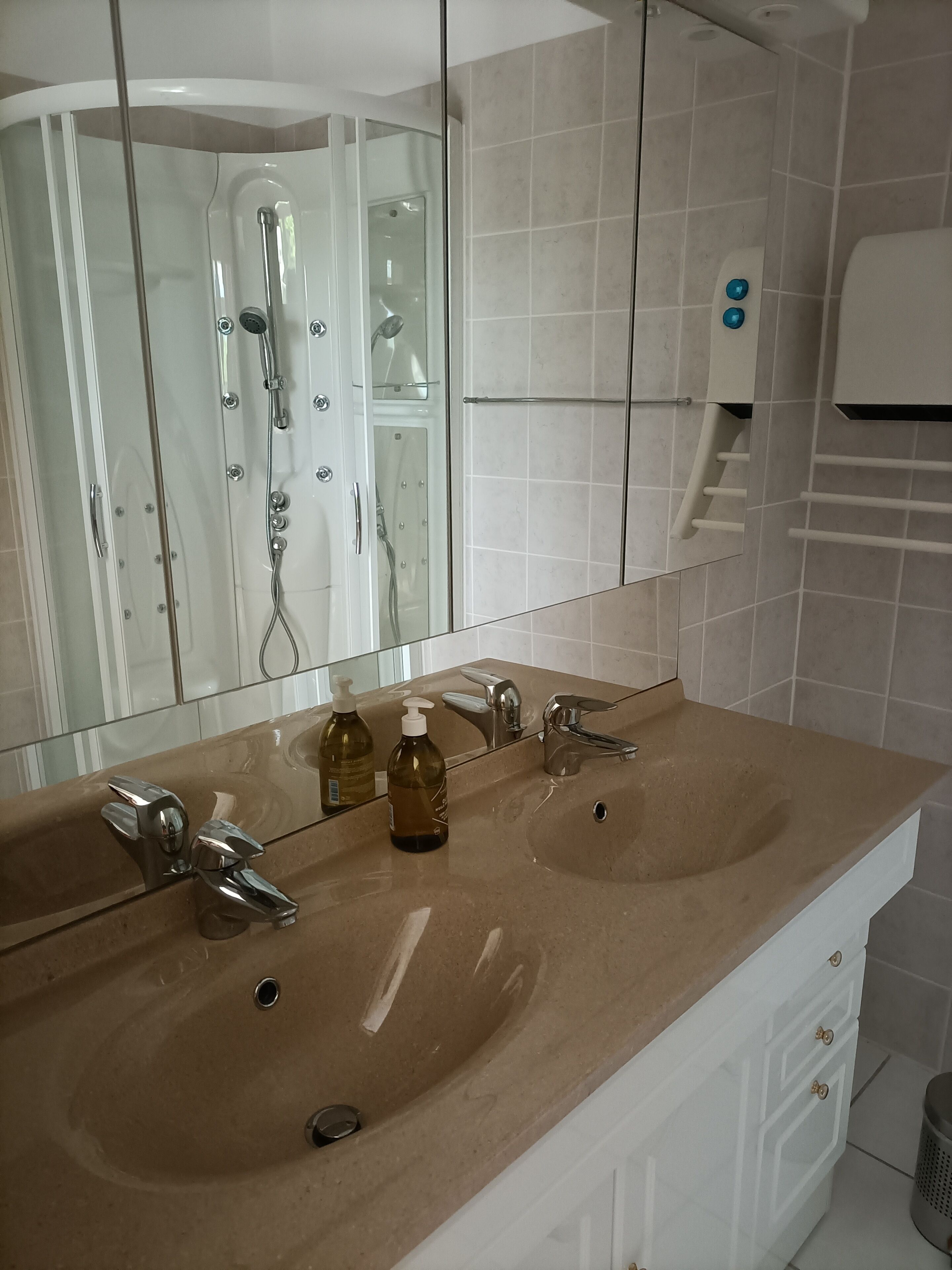 Ein Badezimmer mit einem Doppelwaschbecken, einer Duschkabine aus Glas und einem Händetrockner.