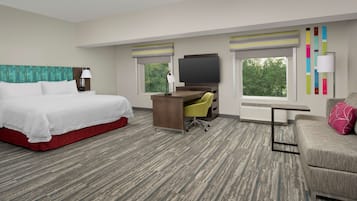 Suite, 1 King Bed, Accessible, Bathtub (Refrigerator) | Desk, laptop workspace, blackout drapes, iron/ironing board