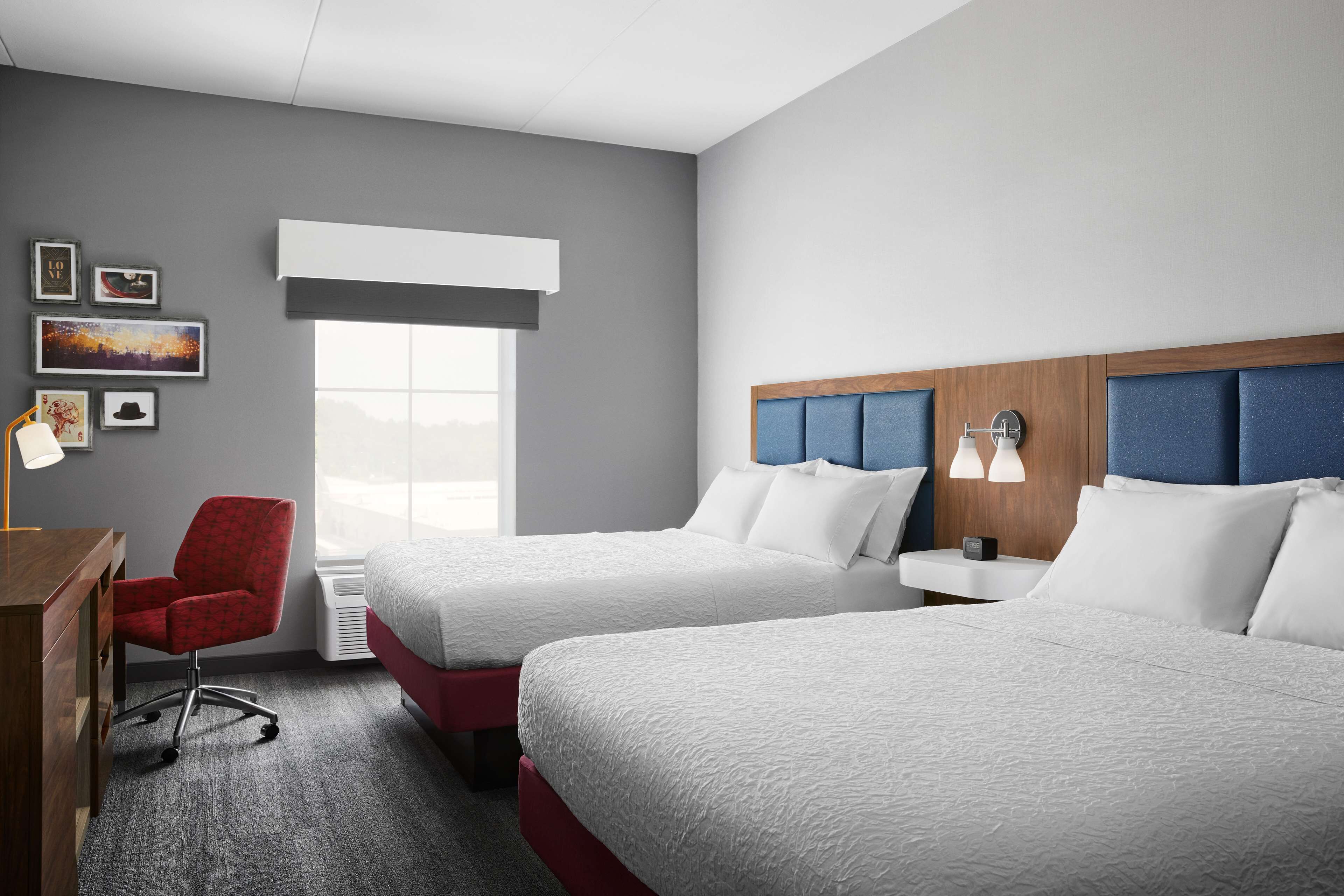 desk, laptop workspace, blackout curtains, iron/ironing board