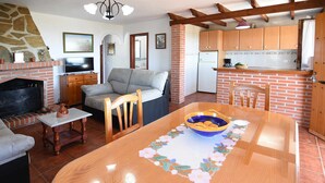 A cozy living room with a fireplace, a television, and a comfortable sofa. - Casa Carrerilla (Frigiliana)