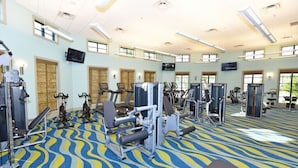 Une salle de sport équipée de divers appareils d’exercice, dotée d’un tapis à motifs et de grandes fenêtres laissant entrer la lumière naturelle.