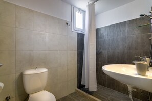 Shower, hair dryer, towels, toilet paper