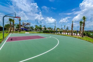 An outdoor basketball court with a green surface, a purple section, and a basketball hoop. - Ev7865ha - Storey Lake Resort - 9 Bed 5 Baths Villa (Kissimmee)
