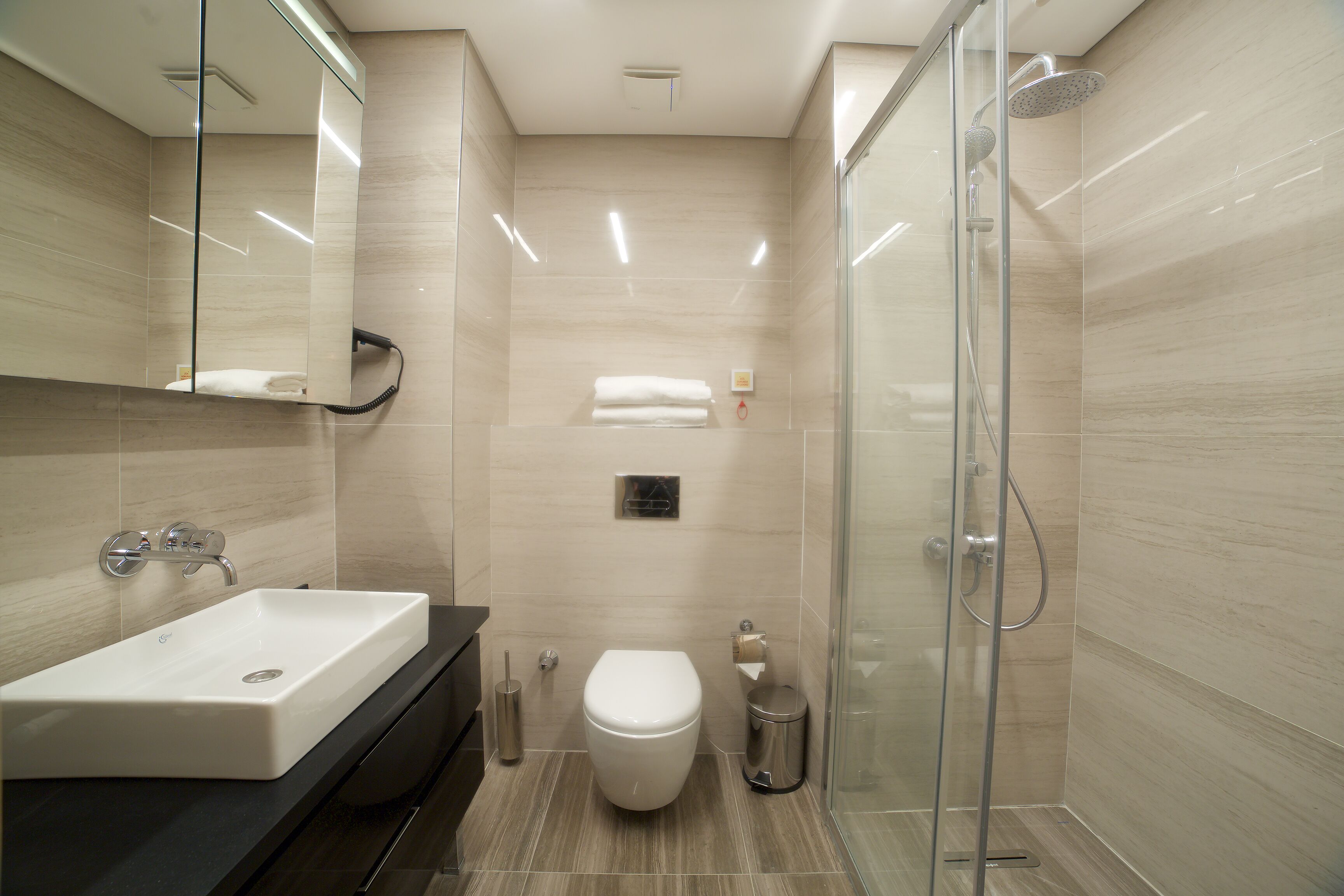 A modern bathroom with a large sink, toilet, and glass-enclosed shower.