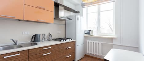 Superior Apartment (floor 4) | Private kitchen | Full-size fridge, microwave, stovetop, coffee/tea maker