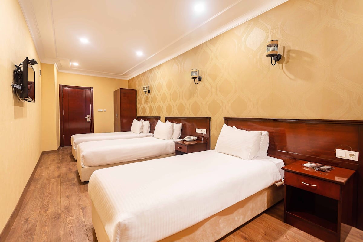 A hotel room with two single beds, a wooden floor, a wooden headboard, a nightstand with a lamp, and a wall-mounted TV.
