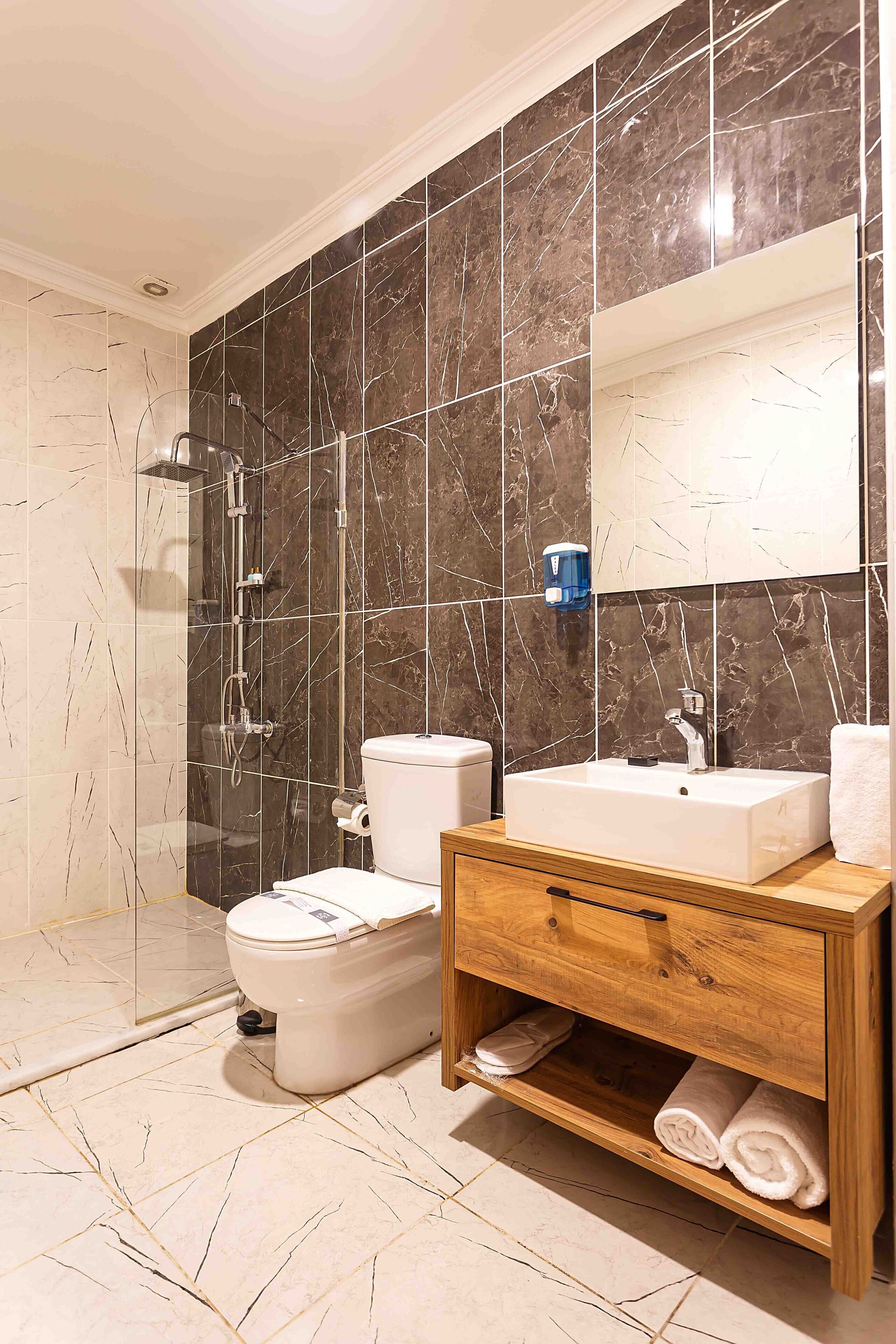 Shower, rainfall showerhead, hair dryer, slippers