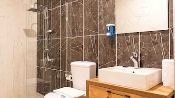 Shower, rainfall showerhead, hair dryer, slippers