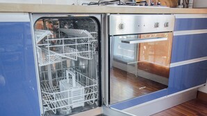 Eine Küche mit Geschirrspüler, Backofen und Holzschränken.