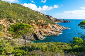 Un paisaje costero con acantilados rocosos, vegetación y un mar azul cristalino.