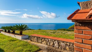 Vista costera con muro de piedra y edificio de ladrillo, palmeras y el mar al fondo.
