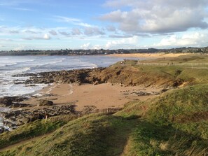A coastal landscape with a sandy beach, rocky outcrops, and a grassy area.