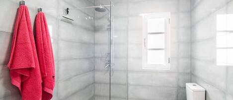 Une salle de bain moderne avec une douche à parois de verre, des toilettes et une fenêtre.